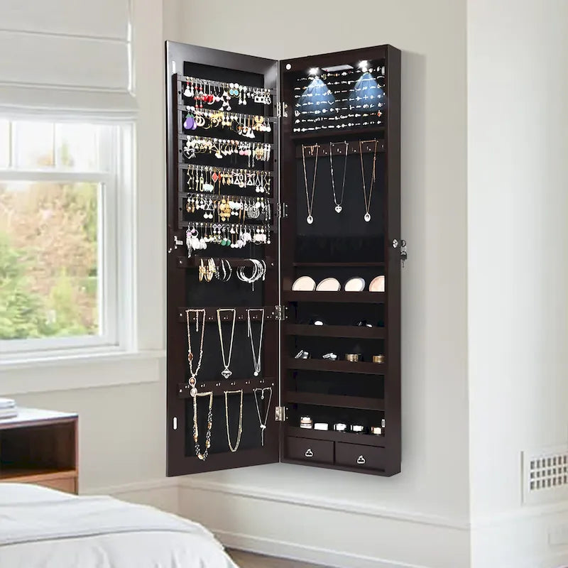 Mirrored Wall & Door Mounted Jewelry Cabinet with LED Lights