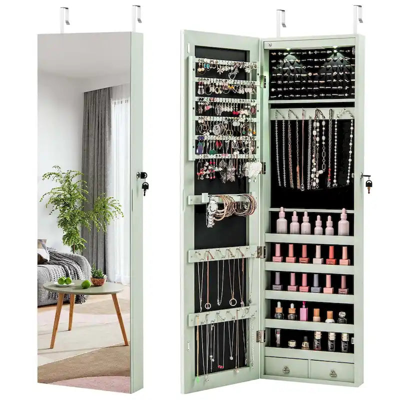 Mirrored Wall & Door Mounted Jewelry Cabinet with LED Lights