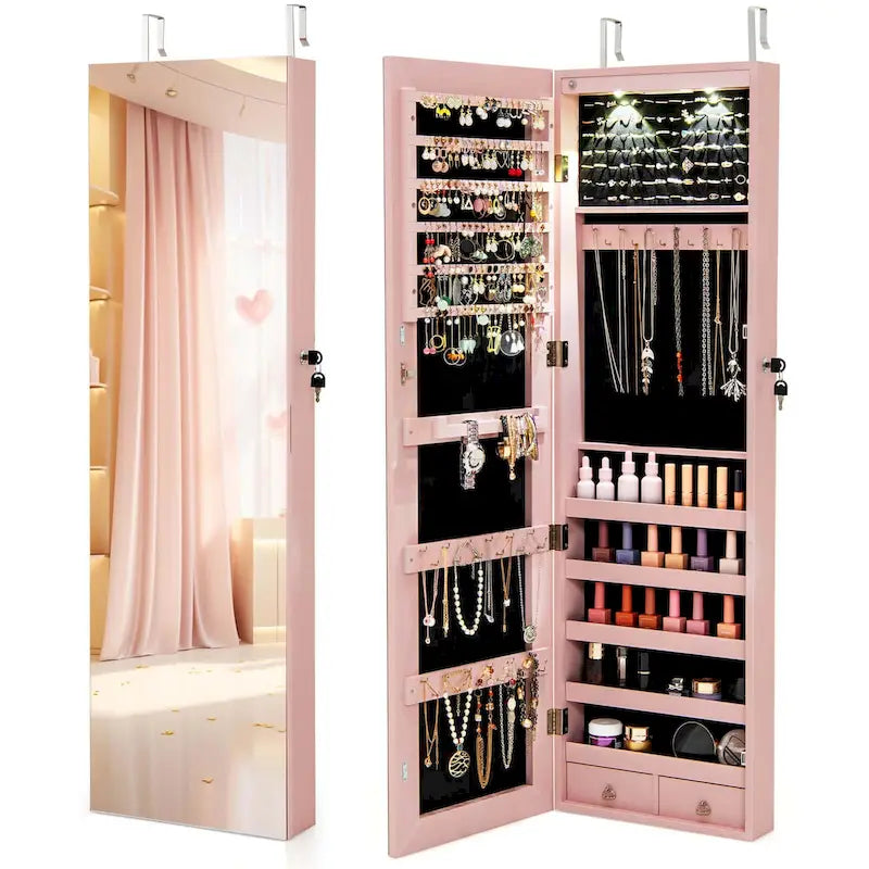 Mirrored Wall & Door Mounted Jewelry Cabinet with LED Lights