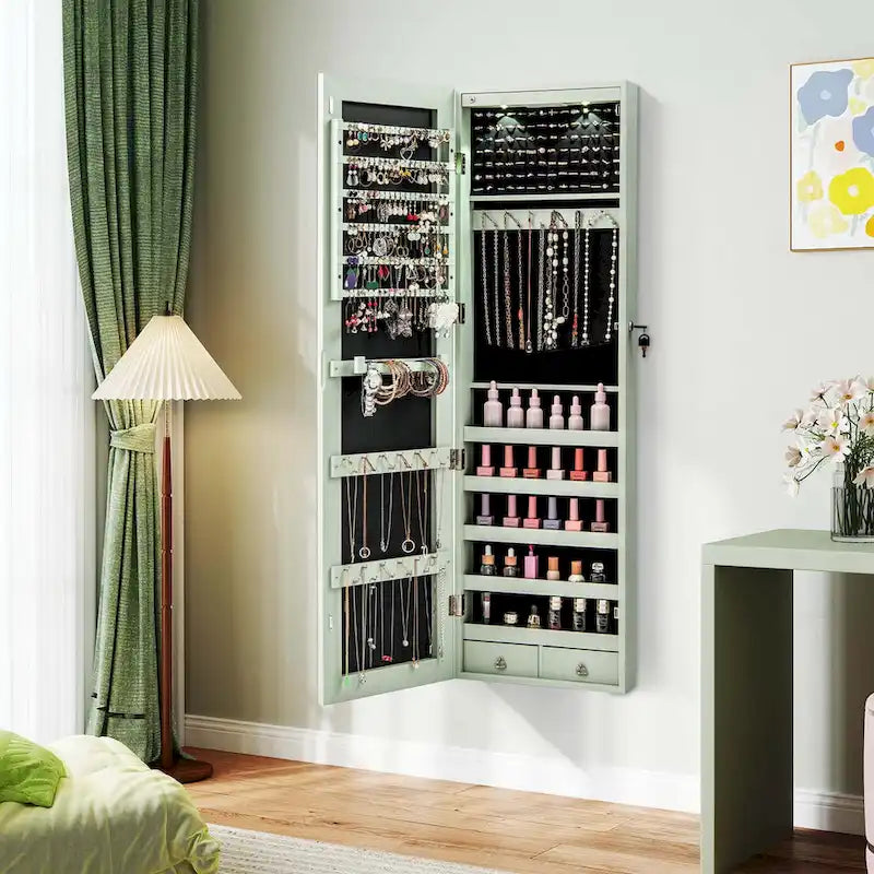 Mirrored Wall & Door Mounted Jewelry Cabinet with LED Lights