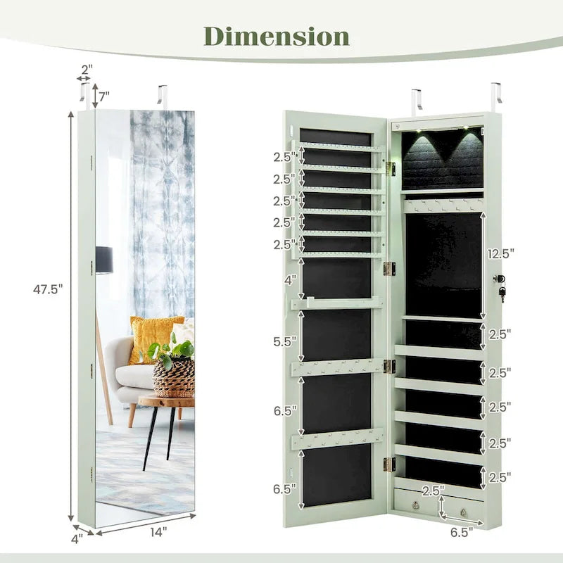 Mirrored Wall & Door Mounted Jewelry Cabinet with LED Lights