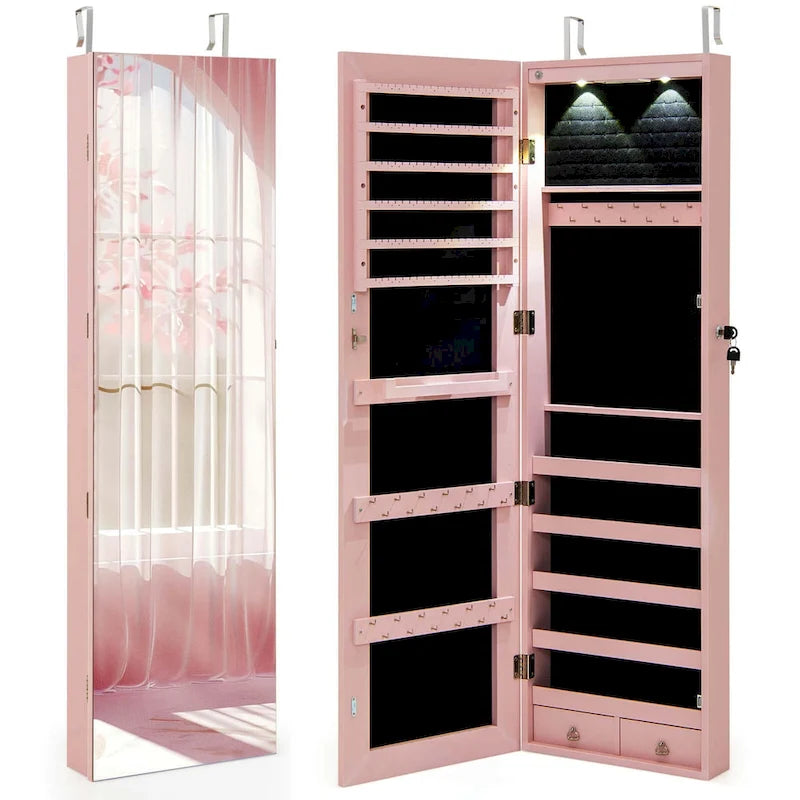 Mirrored Wall & Door Mounted Jewelry Cabinet with LED Lights