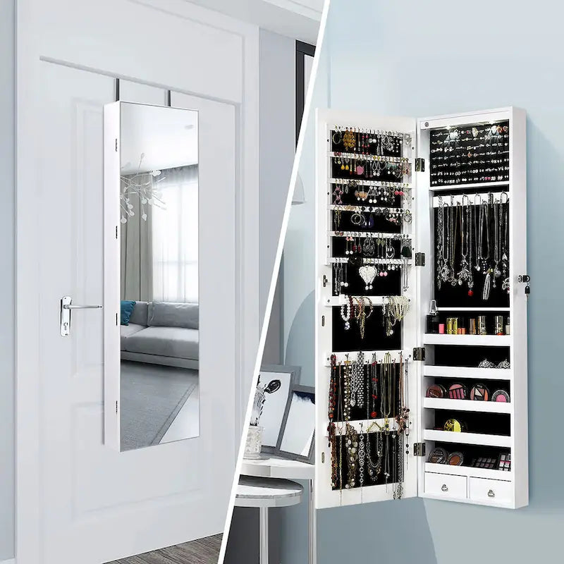 Mirrored Wall & Door Mounted Jewelry Cabinet with LED Lights