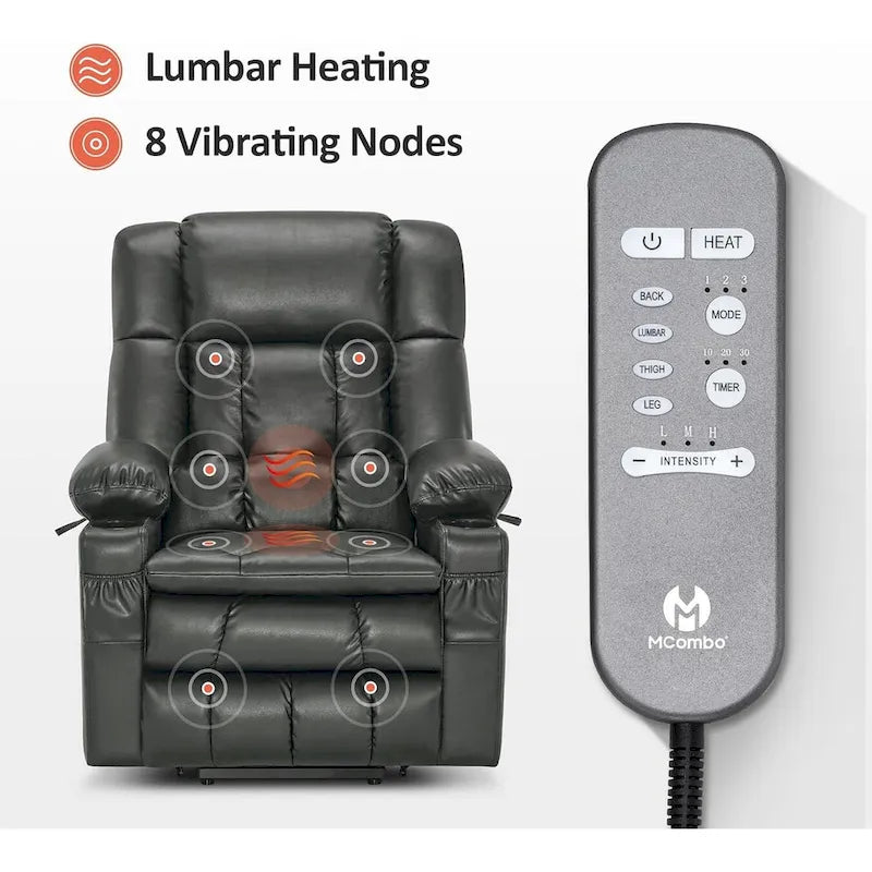 Großer elektrischer Aufstehsessel mit 2 Motoren, Massage und Wärmefunktion, Kunstleder