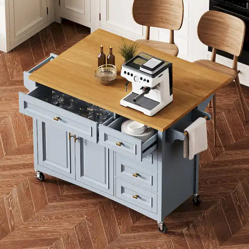 Îlot de cuisine de 52" avec rallonge rabattable et rangement, style antique