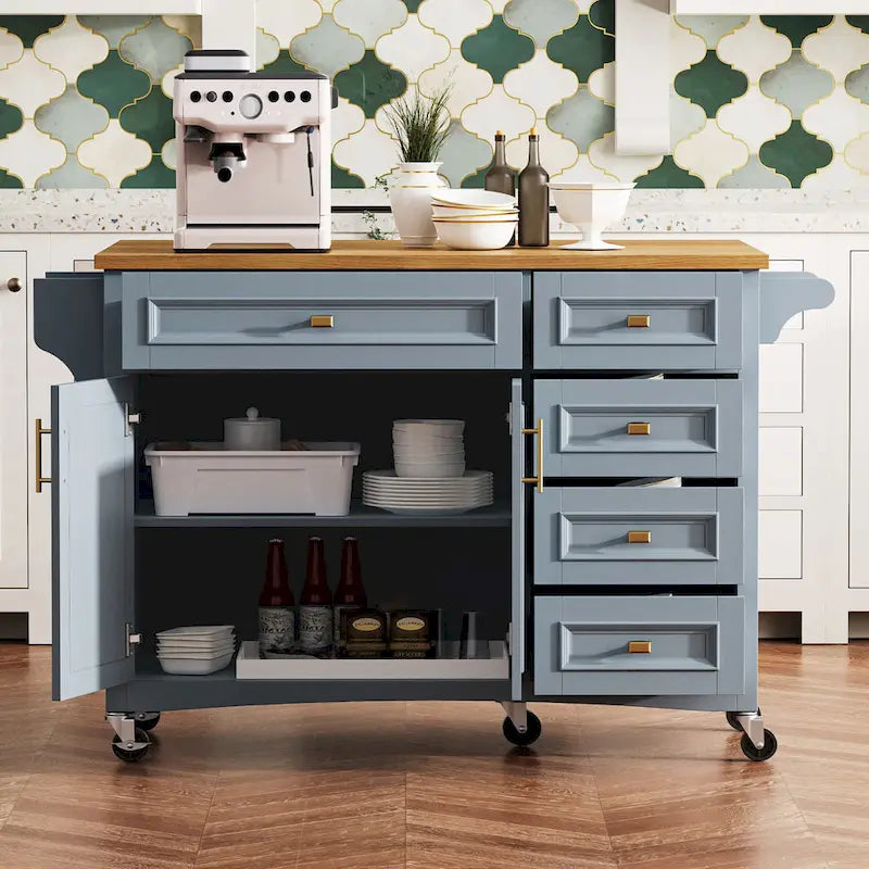 Îlot de cuisine de 52" avec rallonge rabattable et rangement, style antique