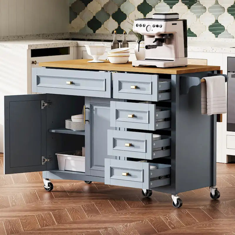 Îlot de cuisine de 52" avec rallonge rabattable et rangement, style antique