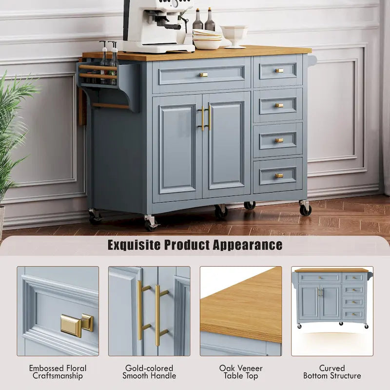 Îlot de cuisine de 52" avec rallonge rabattable et rangement, style antique