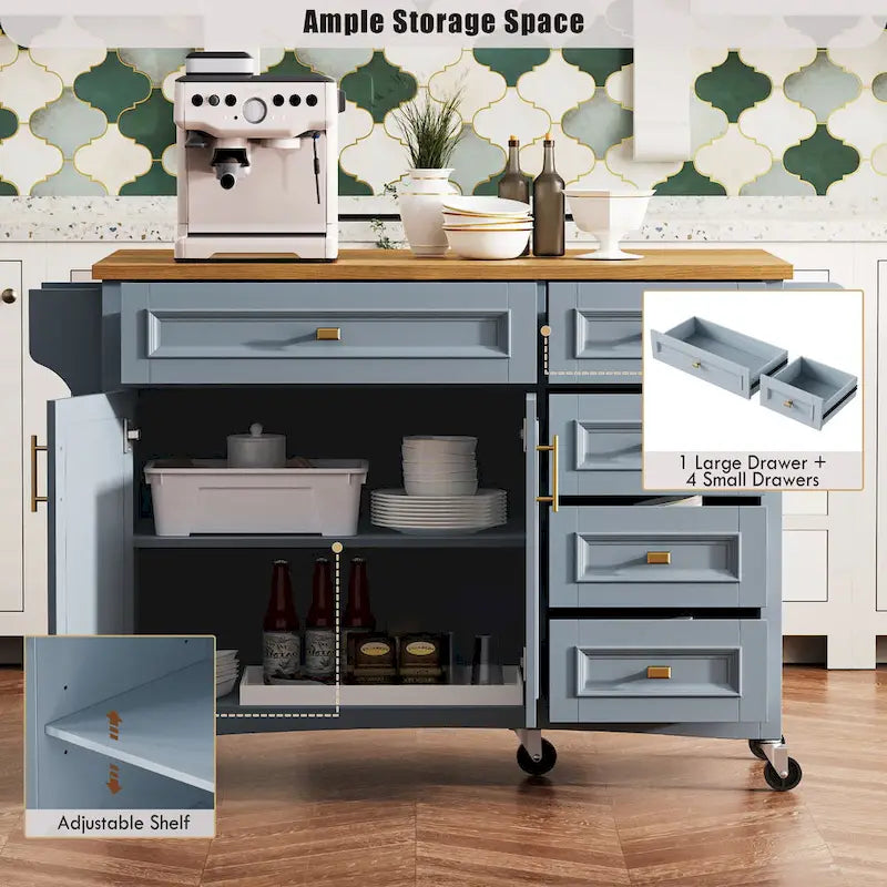 Îlot de cuisine de 52" avec rallonge rabattable et rangement, style antique