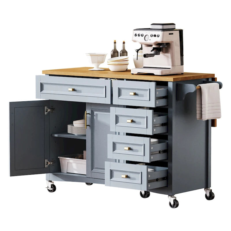 Îlot de cuisine de 52" avec rallonge rabattable et rangement, style antique