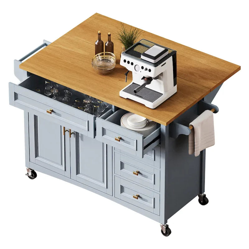 Îlot de cuisine de 52" avec rallonge rabattable et rangement, style antique