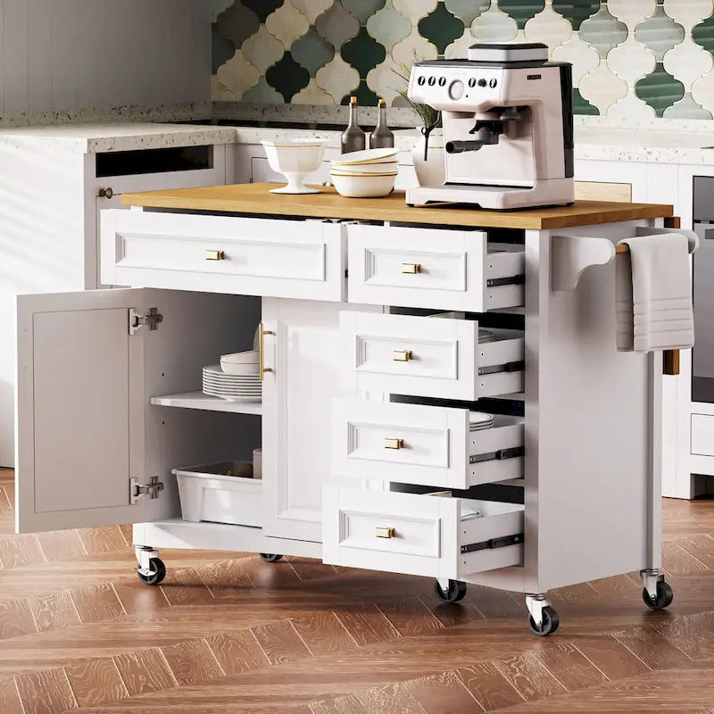 Îlot de cuisine de 52" avec rallonge rabattable et rangement, style antique