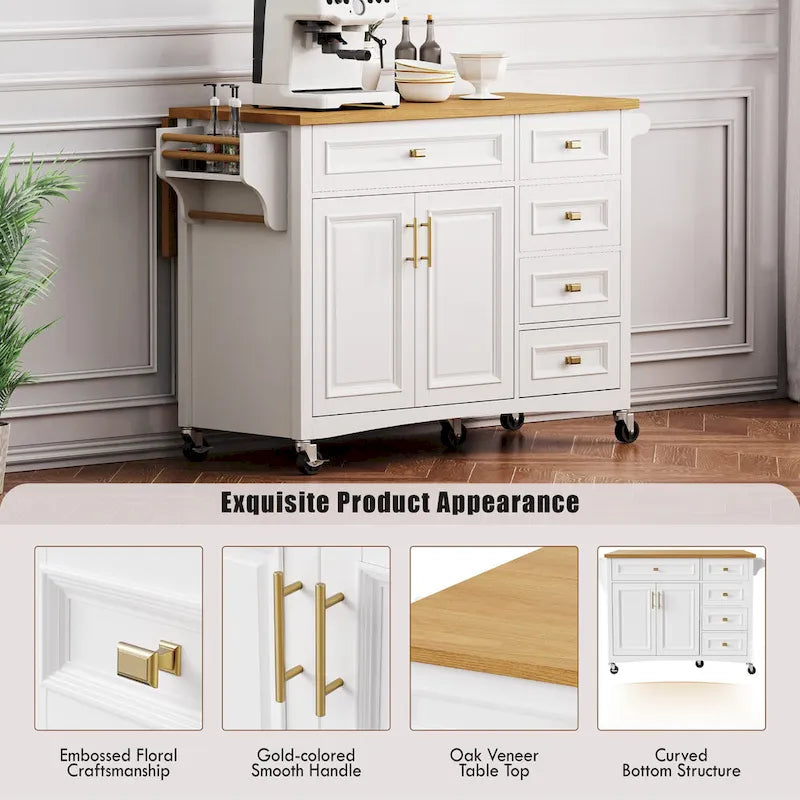 Îlot de cuisine de 52" avec rallonge rabattable et rangement, style antique