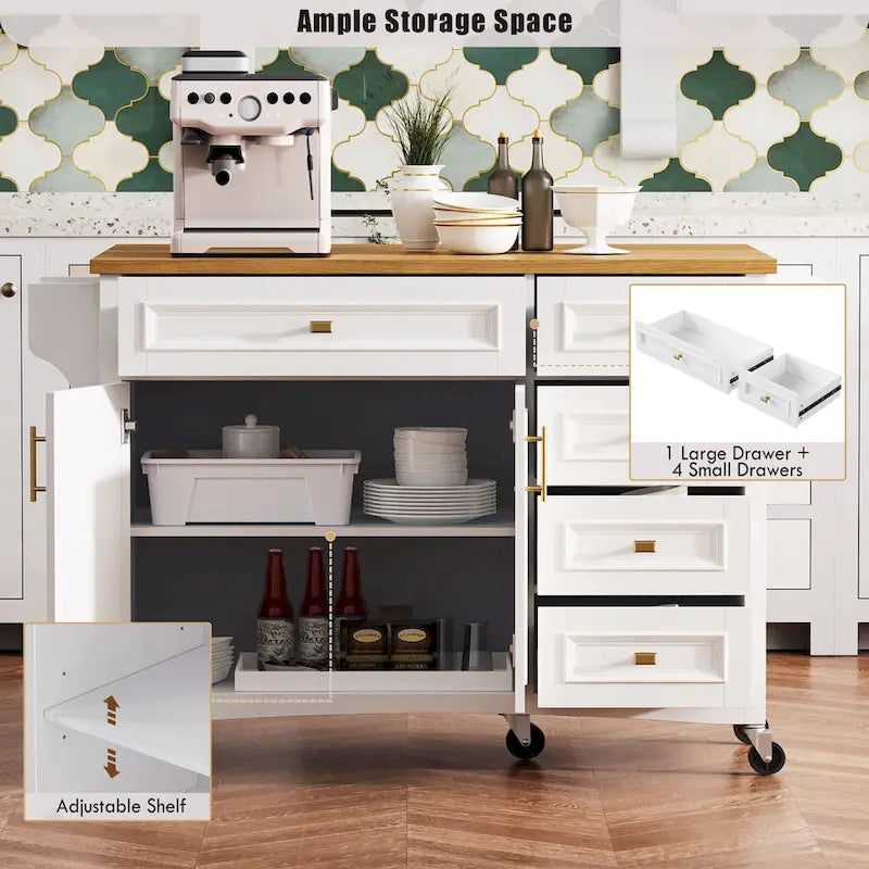 Îlot de cuisine de 52" avec rallonge rabattable et rangement, style antique