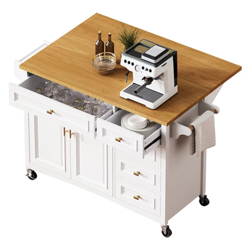 Îlot de cuisine de 52" avec rallonge rabattable et rangement, style antique