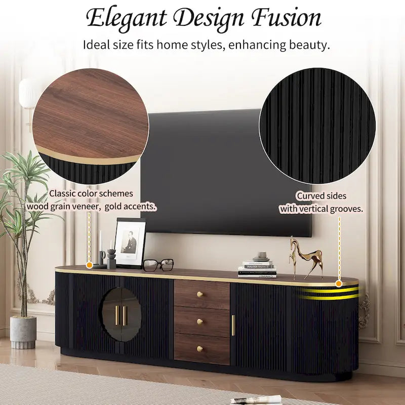 70.8" Modern TV Stand with 3 Drawers and Glass Cabinet Doors