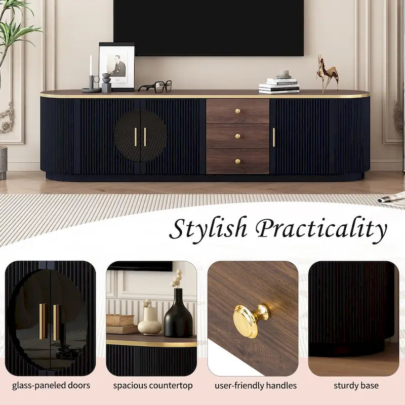 70.8" Modern TV Stand with 3 Drawers and Glass Cabinet Doors
