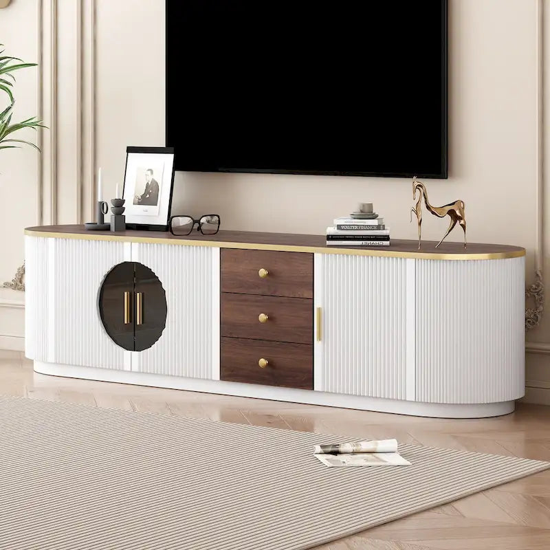 70.8" moderní televizní stolek se 3 zásuvkami a skleněnými dvířky