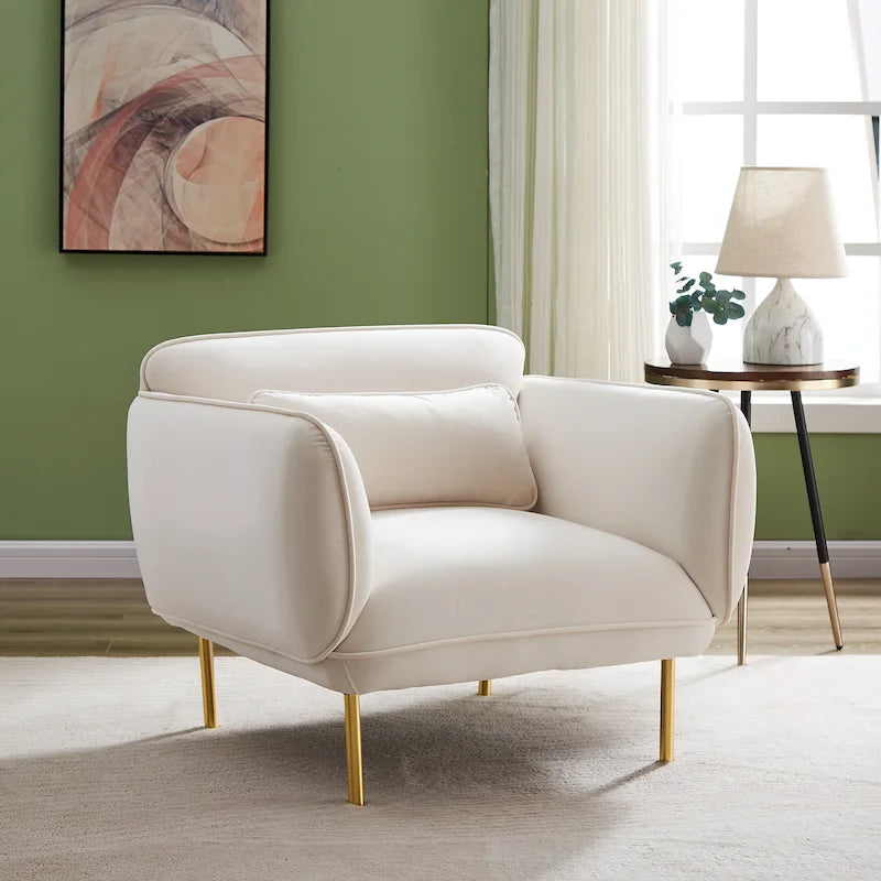 Beige Velvet Upholstered Accent Chair with Metal Legs