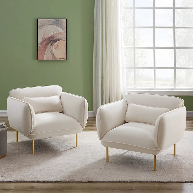 Beige Velvet Upholstered Accent Chair with Metal Legs