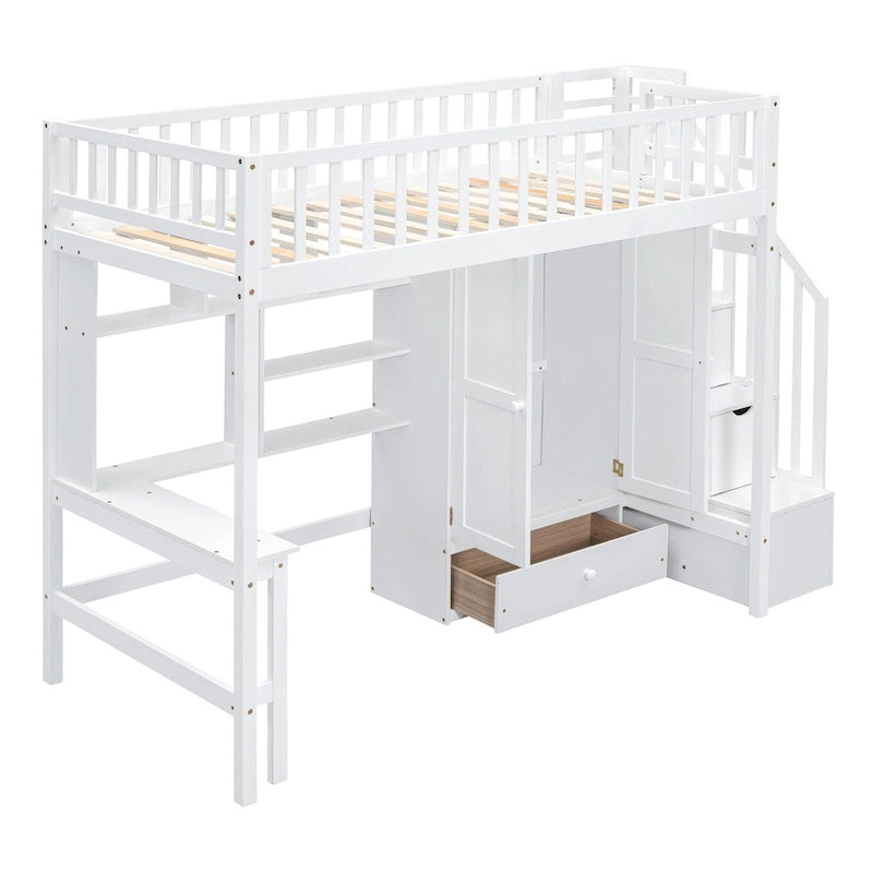 Twin Pine Loft Bed with Bookshelf, Drawers, Desk, Wardrobe, and Stairs