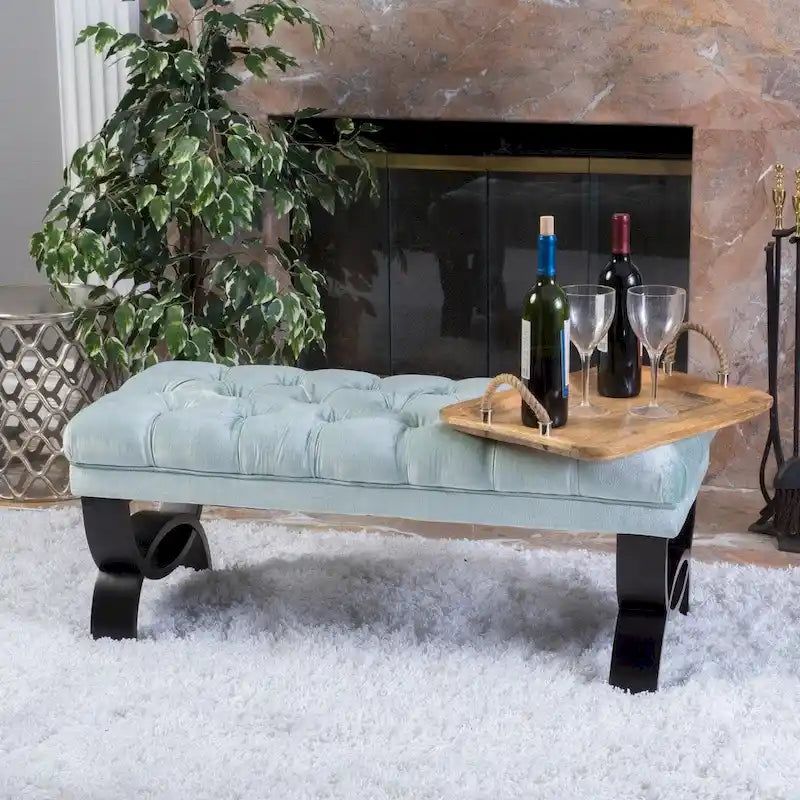 Button-Tufted Velvet Ottoman Bench with Birch Wood Legs