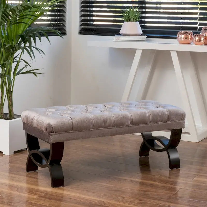 Button-Tufted Velvet Ottoman Bench with Birch Wood Legs