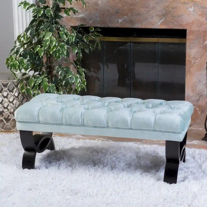 Button-Tufted Velvet Ottoman Bench with Birch Wood Legs