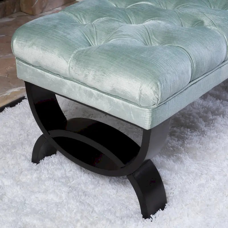 Button-Tufted Velvet Ottoman Bench with Birch Wood Legs