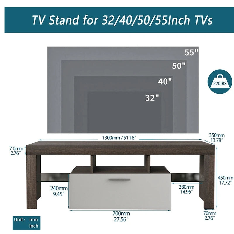 Mobile TV moderno da 51" con anta contenitore e ripiani aperti, con LED