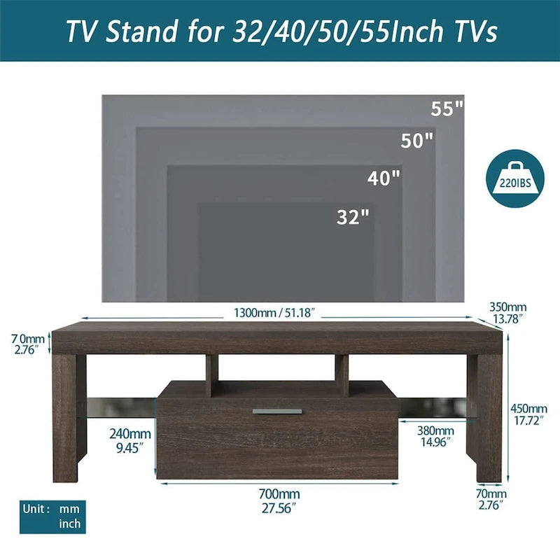 Mobile TV moderno da 51" con anta contenitore e ripiani aperti, con LED