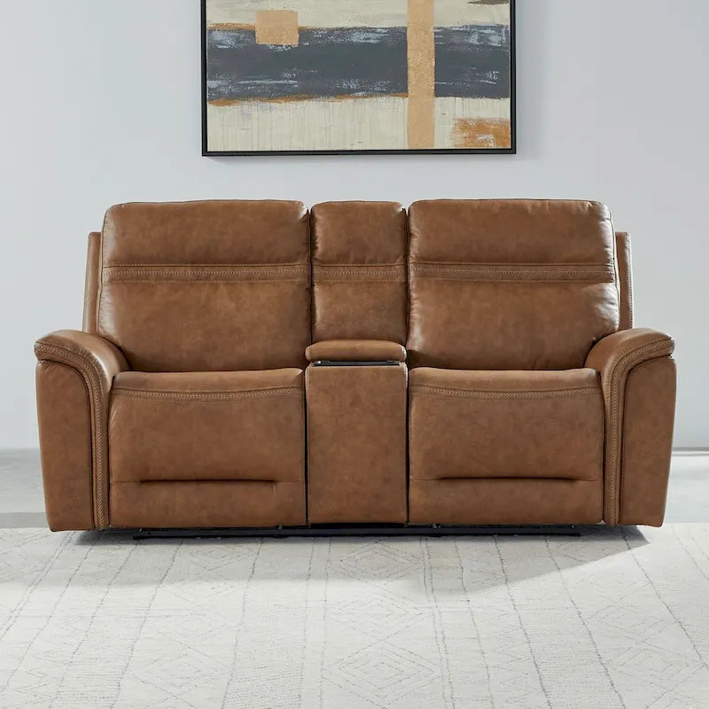 Leather Dual Power Reclining Loveseat with Console