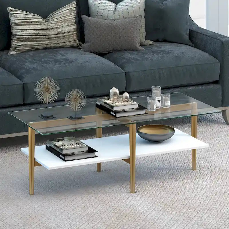 Mid-Century Glam Coffee Table, Gold Frame & Glass Top