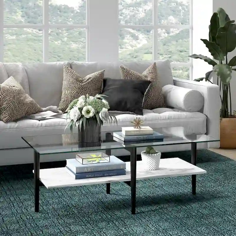 Mid-Century Glam Coffee Table, Gold Frame & Glass Top