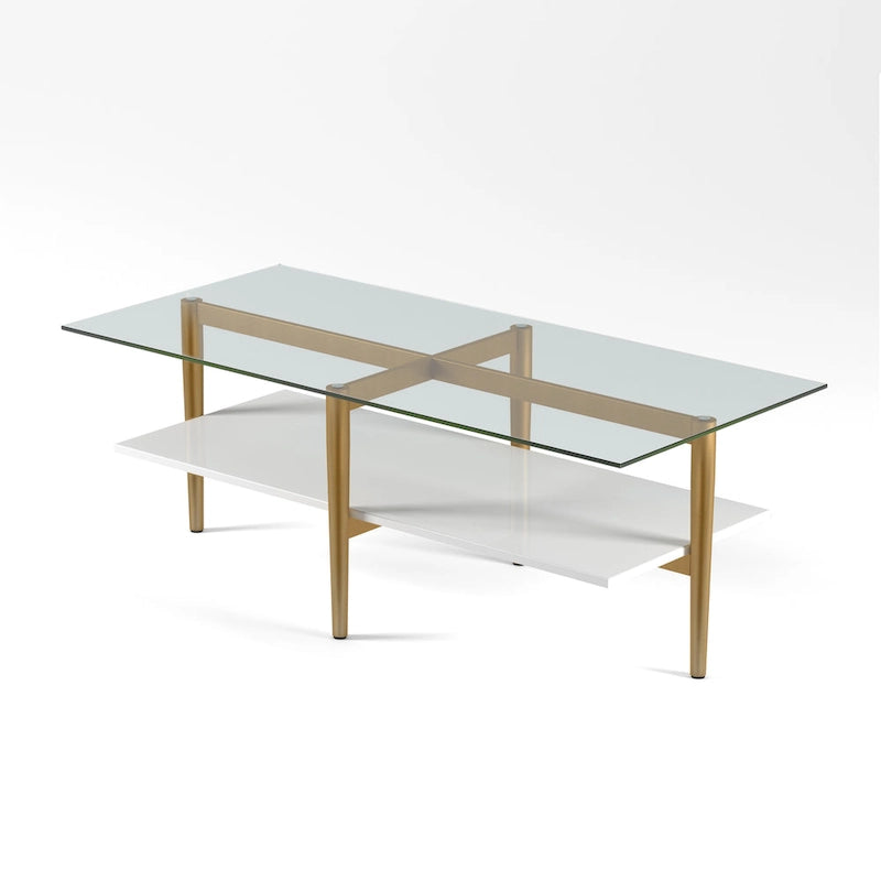 Table basse glamour mi-siècle, structure dorée et plateau en verre