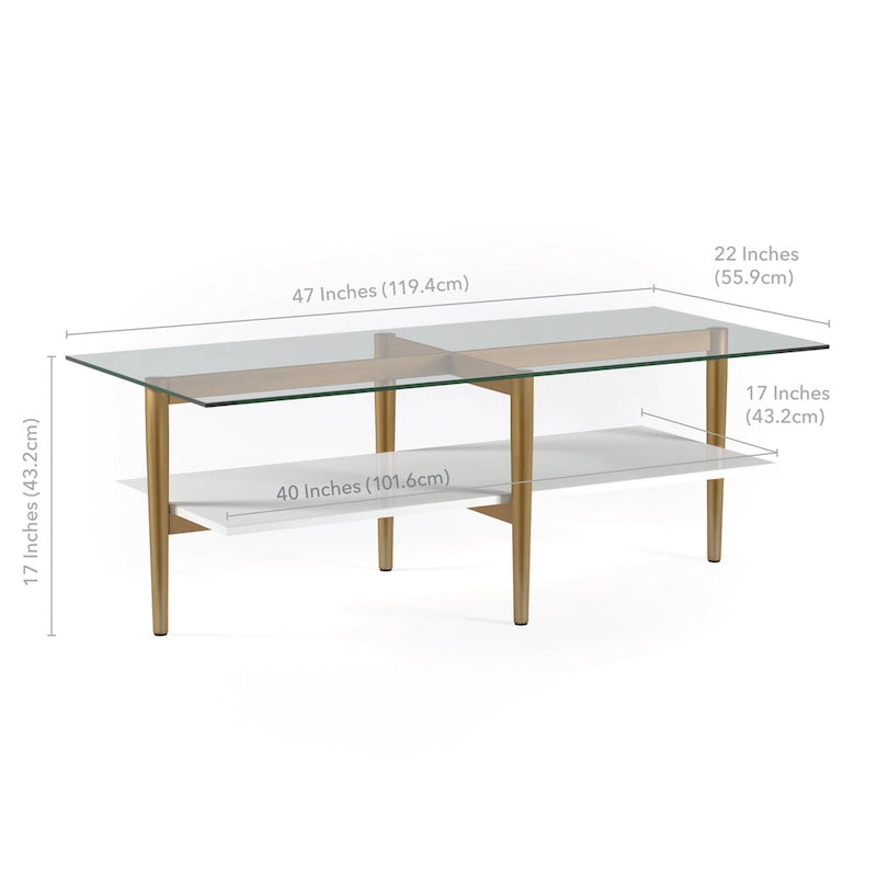 Table basse glamour mi-siècle, structure dorée et plateau en verre