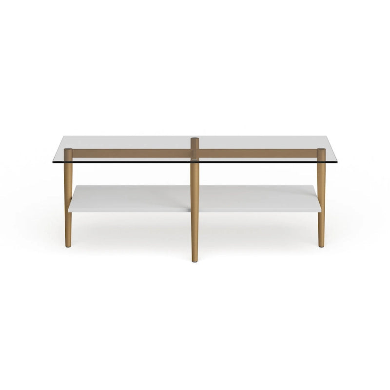 Table basse glamour mi-siècle, structure dorée et plateau en verre
