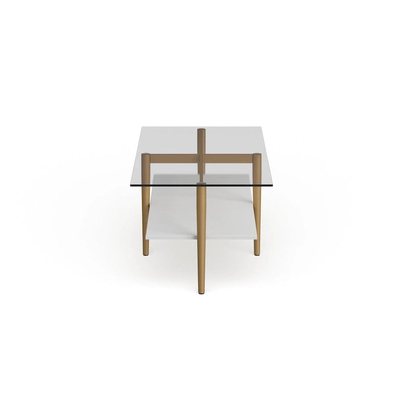 Table basse glamour mi-siècle, structure dorée et plateau en verre