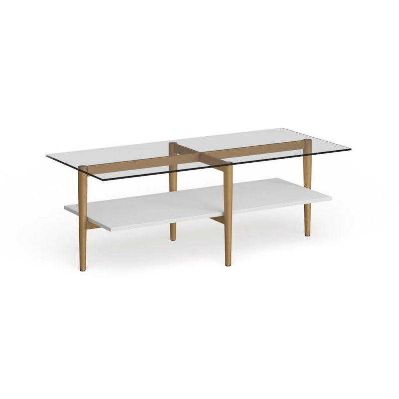 Table basse glamour mi-siècle, structure dorée et plateau en verre