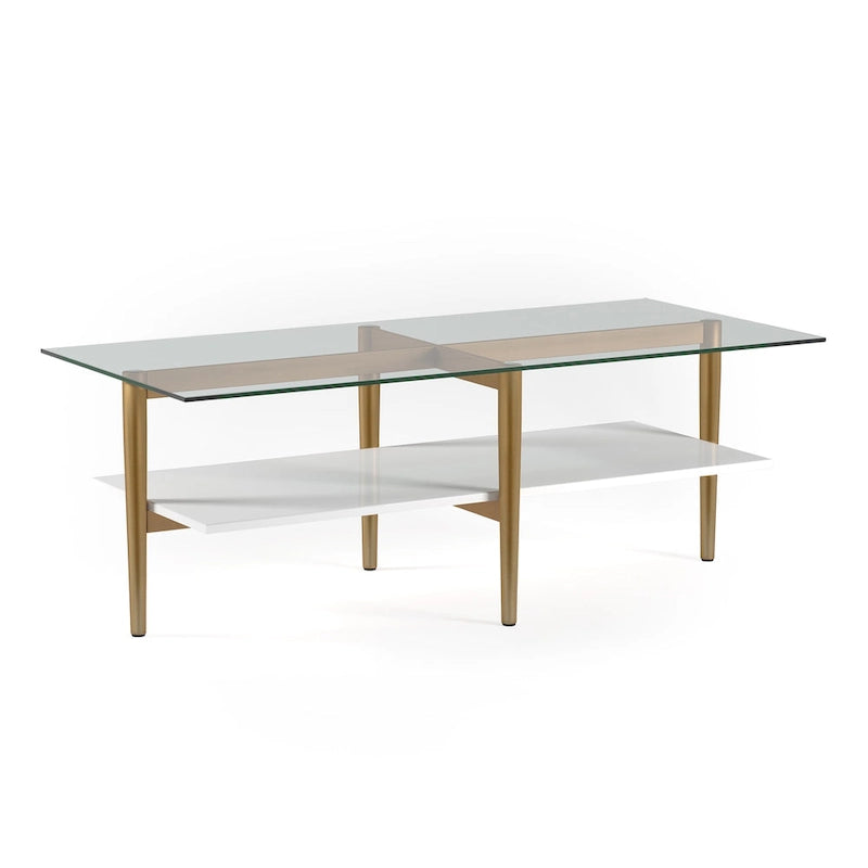 Table basse glamour mi-siècle, structure dorée et plateau en verre