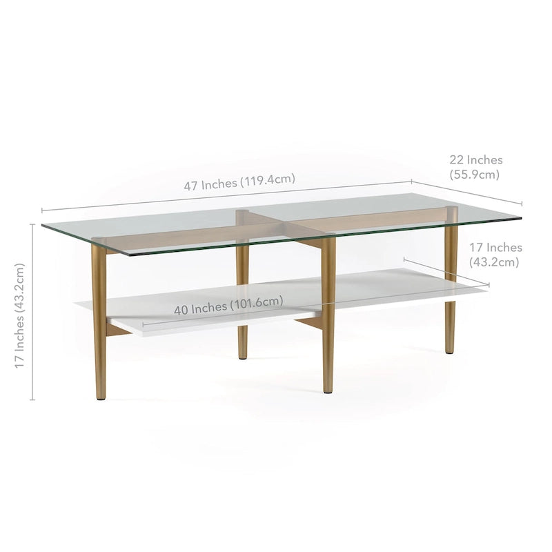 Table basse glamour mi-siècle, structure dorée et plateau en verre