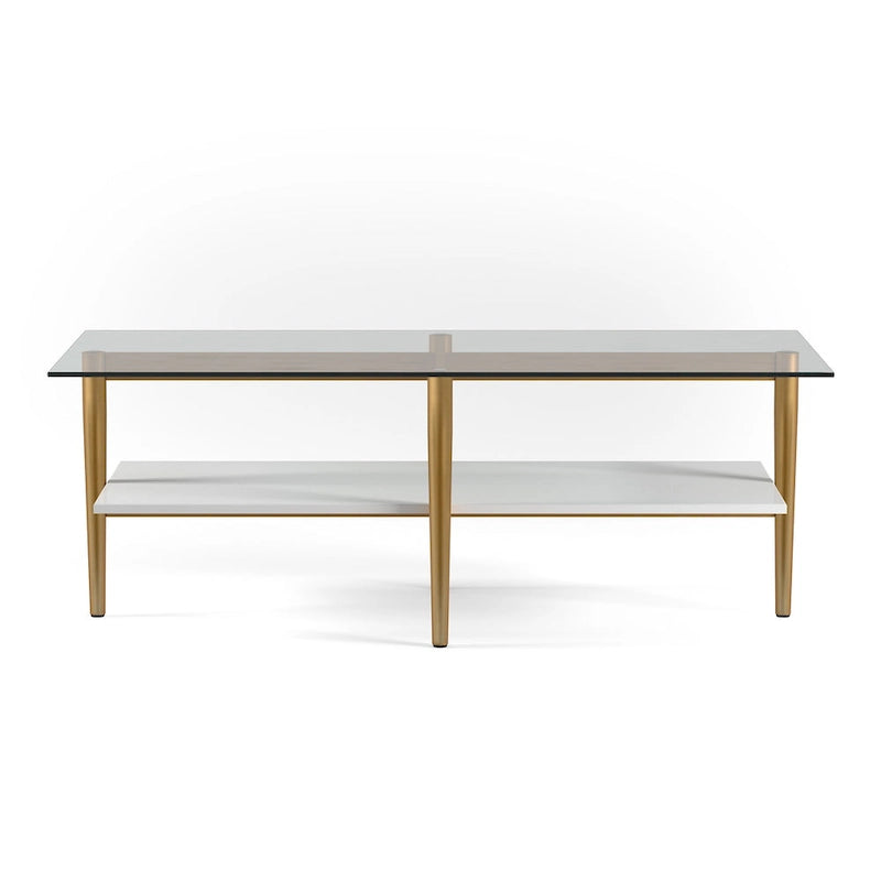 Table basse glamour mi-siècle, structure dorée et plateau en verre