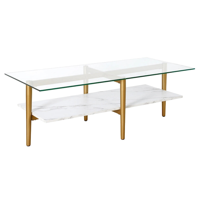 Table basse glamour mi-siècle, structure dorée et plateau en verre