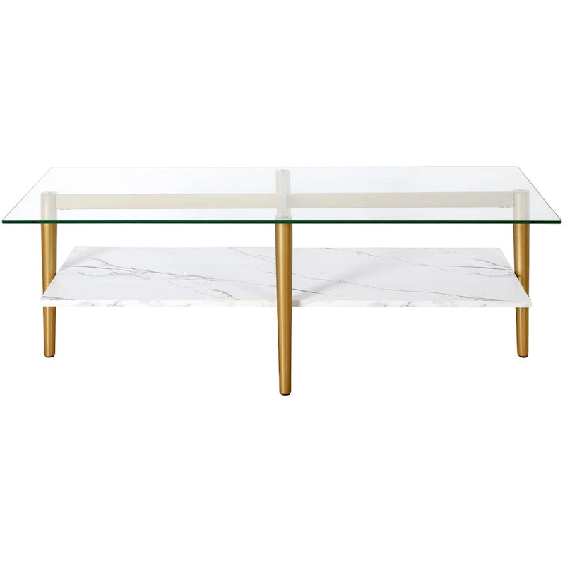 Table basse glamour mi-siècle, structure dorée et plateau en verre