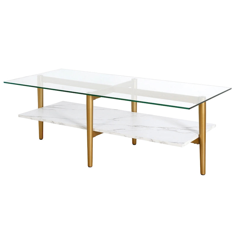 Table basse glamour mi-siècle, structure dorée et plateau en verre