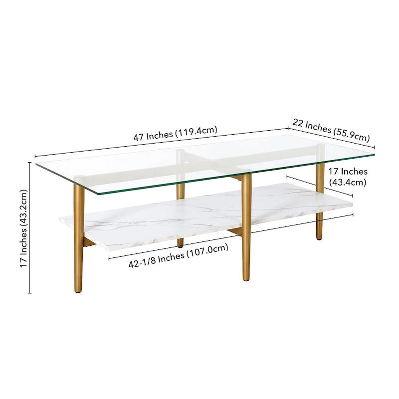 Table basse glamour mi-siècle, structure dorée et plateau en verre