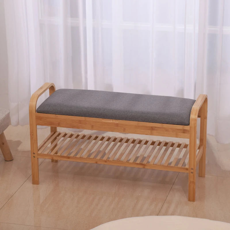 Natural Bamboo Shoe Bench with Padded Cushion