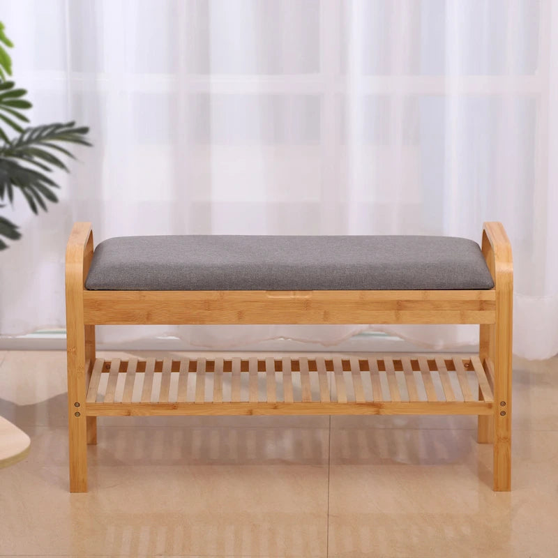 Natural Bamboo Shoe Bench with Padded Cushion