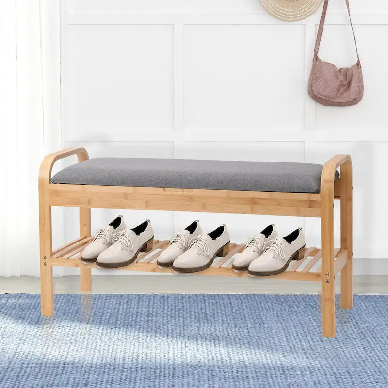 Natural Bamboo Shoe Bench with Padded Cushion