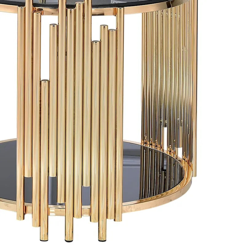 Modern Metal and Glass End Table with Tubing Design, Black and Gold